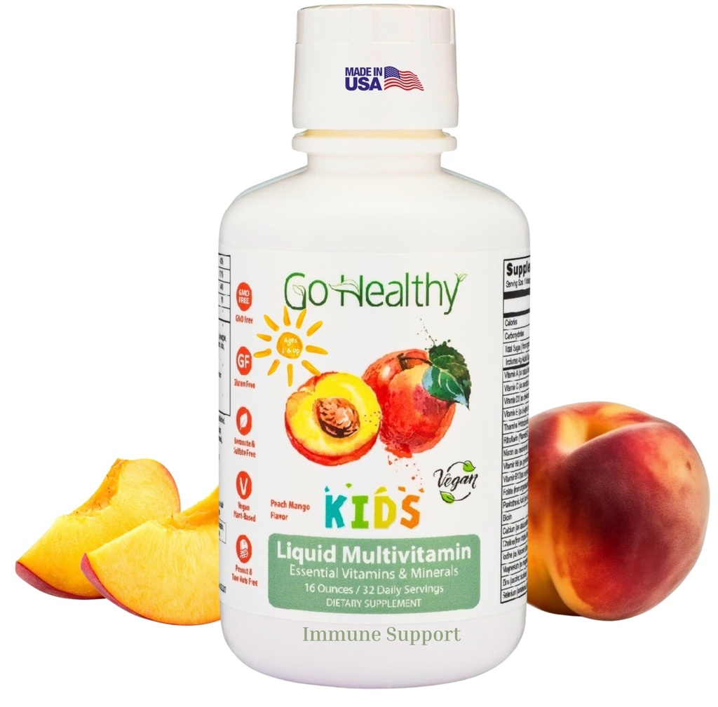 Go Healthy Kids Liquid Multivitamin | Immune Support | Kid Liquid Multivitamins | High Absorption | Vegan Vitamins | Kids Vitamins Multivitamin | Peach Mango - 30-60 Servings