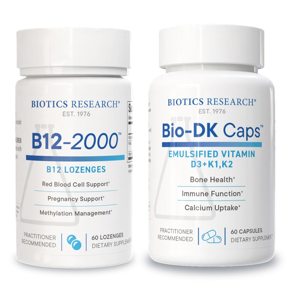 Biotics Research B12-2000™ Lozenges & Bio-DK Caps™ – High Potency Vitamin B12, B6, Folate, Vitamin D3, K1 & MK7 – Methylation, Bone & Heart Health, Immune Support- 60 Lozenges + 60 Caps