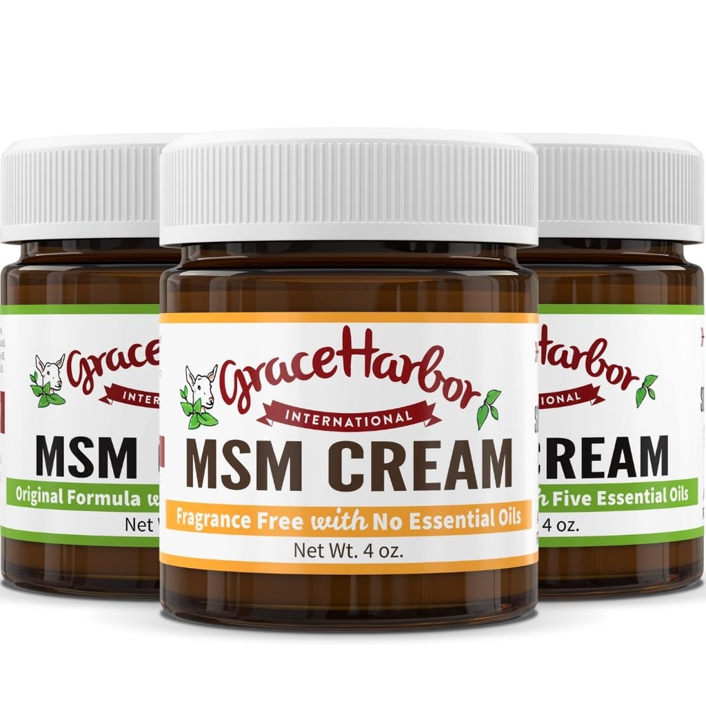 Grace Harbor MSM Cream – Variety 3 Pack – Daily Skin, Joint and Muscle Rub – Best Goat Milk Unscented Baby Lotion for Severly Dry Skin – Therapeutic Essential Oils and Fragrance Free – 4 oz