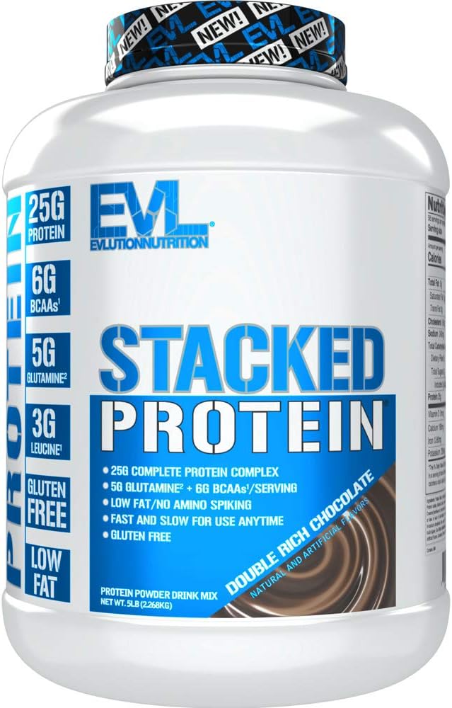 Evlution Nutrition Stacked Protein Powder - Supporta la crescita muscolare, la resistenza e il recupero - 25g Protein, 6g BCAAs, 5 grammi Glutamina + 3 grammi Leucina Per Serving -Gluten Free -5lb -Double Rich Chocolate