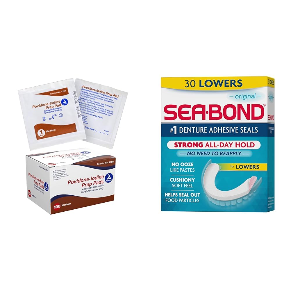 Dynarex Povidone-Iodine 10% Antiseptic Wipes, 100 Count & Sea Bond Denture Adhesive Seals, Original Lowers, 30 Count