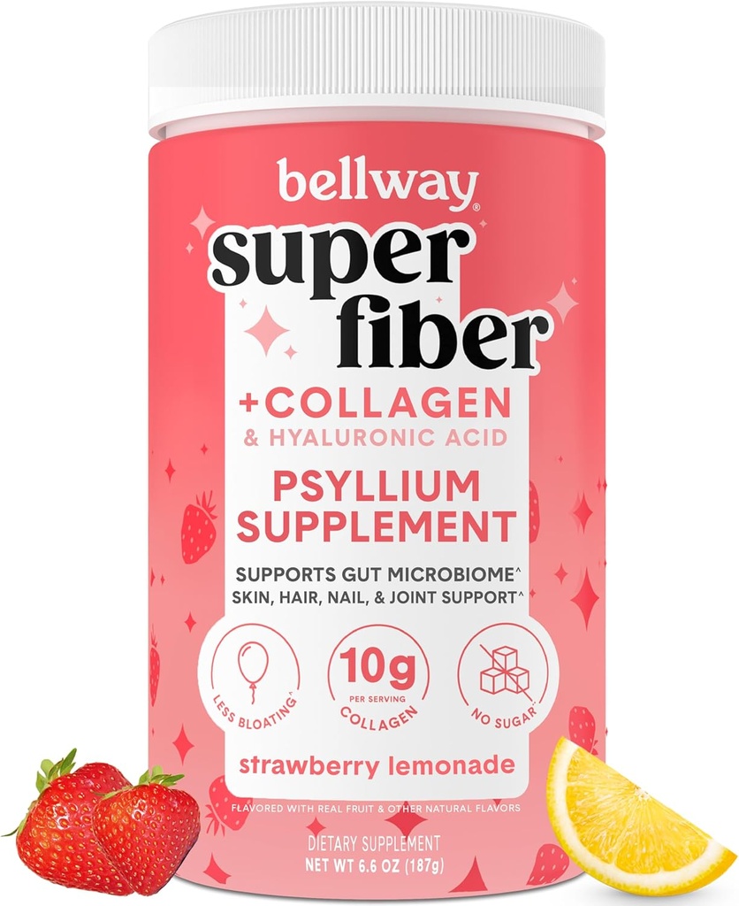 Bellway Super Fiber Powder + Collagen, Sugar-Free Psyllium Husk Pulver mit Collagen Peptides und Hyaluronsäure für Gut Gesundheit, Gesunde Haut, Nägel, Knochen & Gelenke, Erdbeer-Limonade (11 Servierungen)