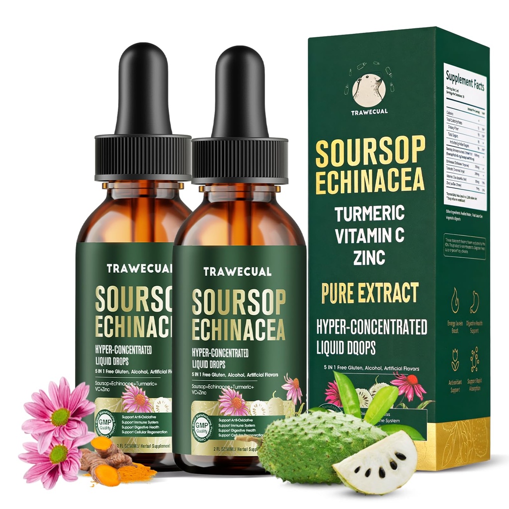2 Pack Soursop Bitters Liquid - Soursop Leaves & Fruit, Echinacea, Vitamin C, Turmeric, Zinc -for Immune Support, Digestive Health, Antioxidant & Cell Support, 4 FL OZ