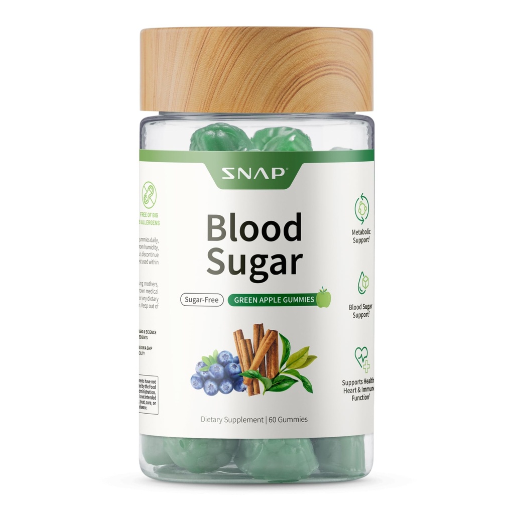 Snap Supplements Blood Sugar Gummies, Support Already Healthy Blood Sugar Levels, Cinnamon Bark and Blueberry Fruit Extract, Green Apple Flavor, 60 Gummies