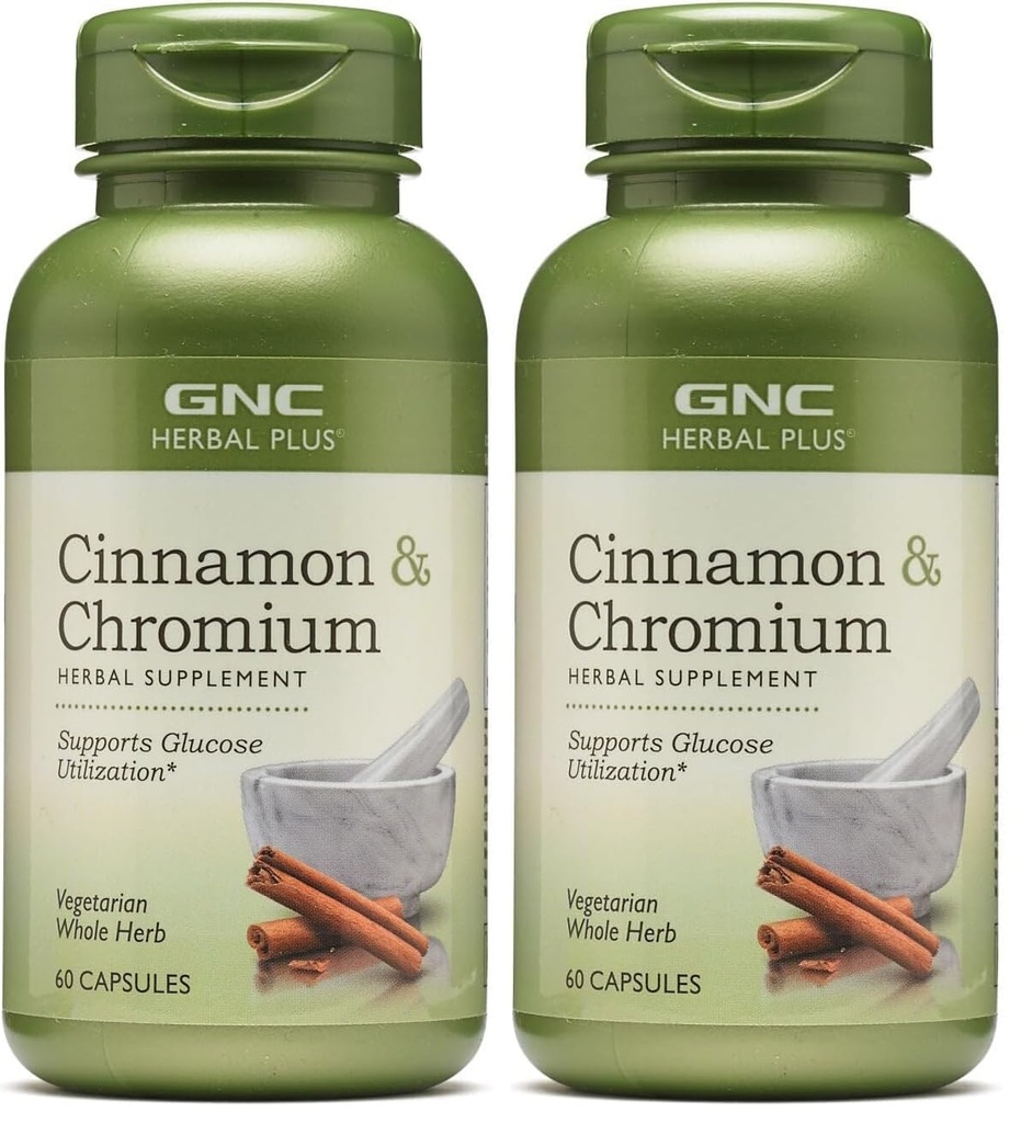 GNC Herbal Plus Cinnamon & Chromium Supplement, Vegetarian, Supports Glucose Utilization, 30 Servings (Pack of 2)