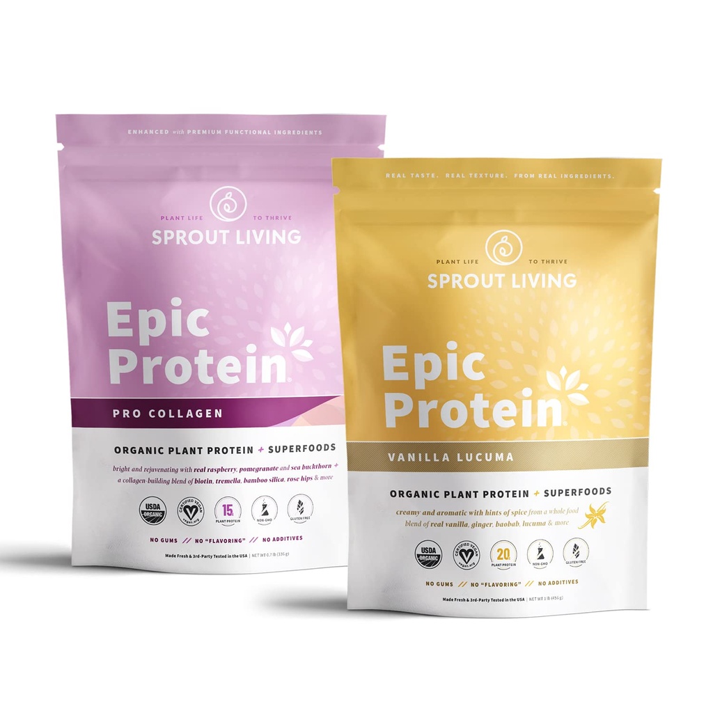Sprout Living Epic Protein Bundle - Vanilla Lucuma & Pro Collagen (20g Organic Plant-Based Protein Powder, Vegan, Gluten Free, Superfoods) | 1lb, 12 Servings