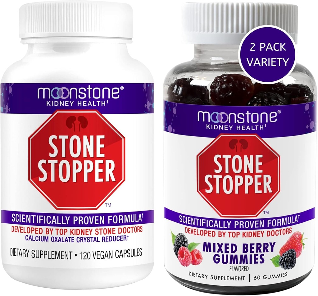 Moonstone Kidney Stone Stopper Capsules & Gummies, Outperforms Chanca Piedra Stone Breaker & Kidney Support Supplements, Desenvolvido por Urologistas para Prevenir Pedras do Rim, Mixed Berry (Variety 2 Pack)