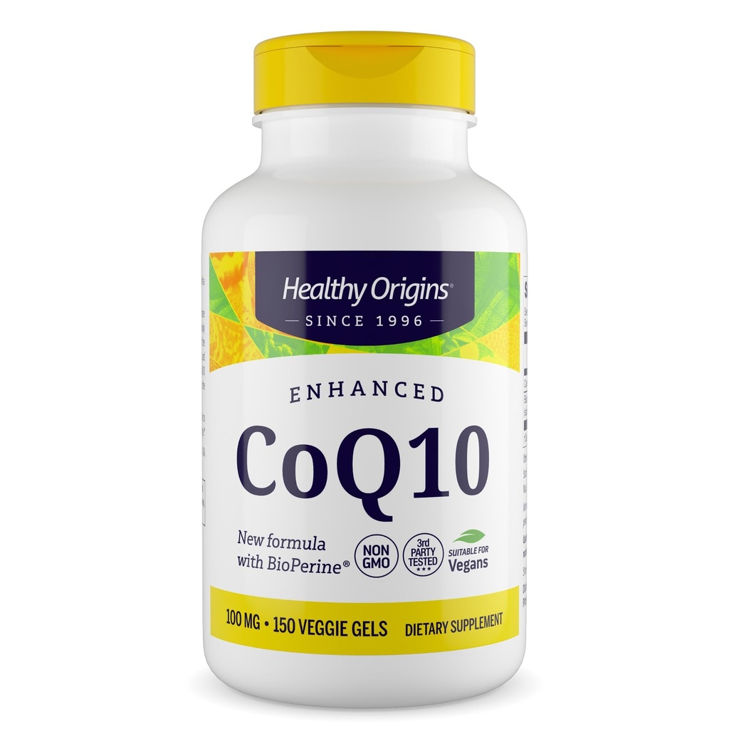 Healthy Origins Natural Enhanced CoQ10 (BioPerine®), 100 mg - Heart Health & Energy Supplement - Gluten-Free & Non-GMO Supplements, with BioPerine & Sunflower Lecithin ((Pack of 1) 150 Veggie Gels)