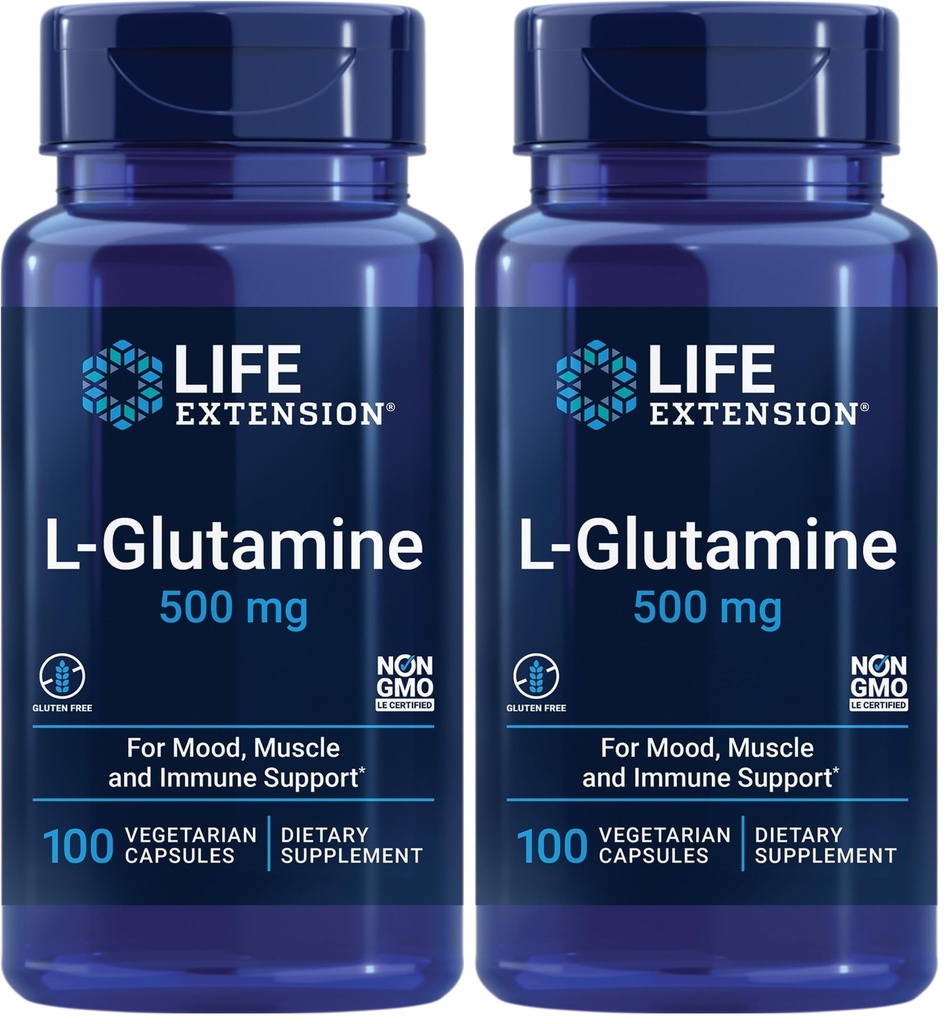 Life Extension L-Glutamine,500 mg L-glutamine,Amino Acid,Supports Muscle Health and Immune Health,Gluten-Free,Non-GMO,100 Vegetarian Capsules,(Pack of 2)
