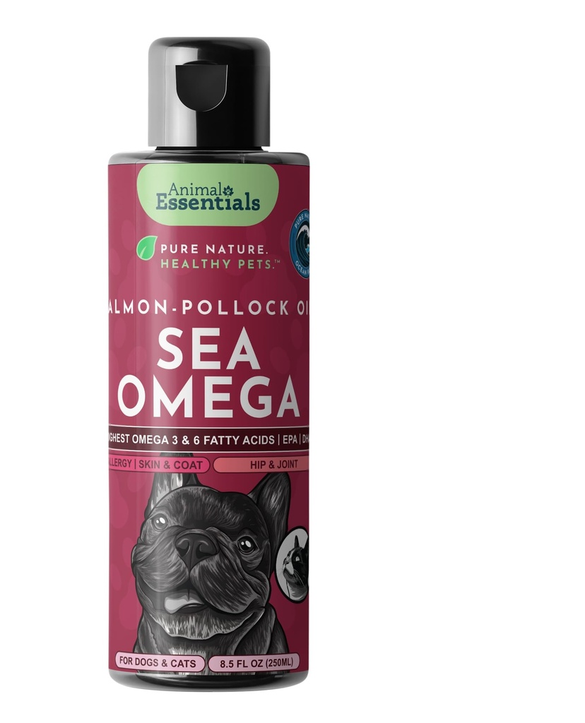 Animal Essentials Sea Omega Fish Oil for Dogs and Cats - Omega 3 Fish Oil Liquid Supplement, Alaskan Salmon Oil for Skin and Coat, Joint Health for Small, Medium and Large Dogs - 8.5 Fl Oz (Pack of 1)