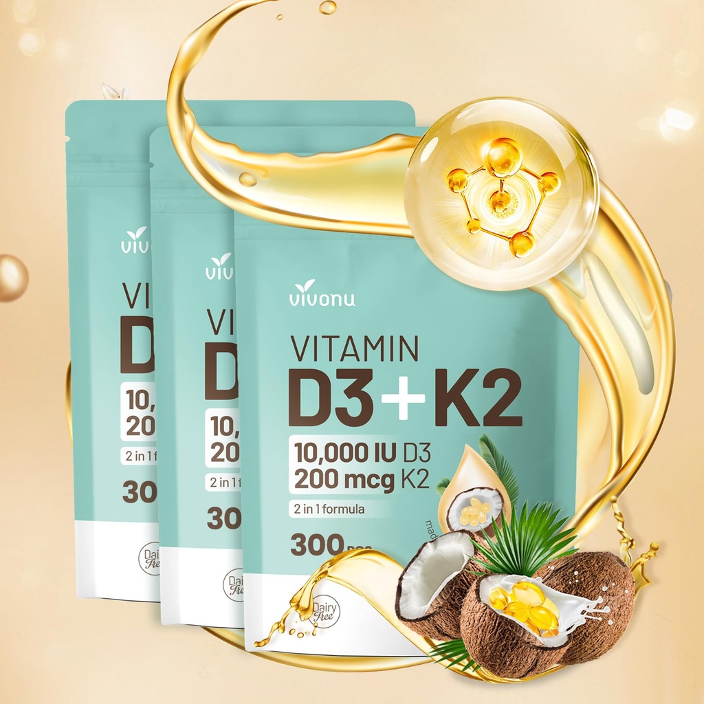 Vitamin D3 10000 iu Plus K2 (MK-7) 200 mcg, 300 Coconut Oil Softgels| 2 in 1 VIT D & K Complex | Supports Calcium Absorption, Bone, Immune, & Heart Health – Easy to Swallow (900 Softgels /3 Bag)