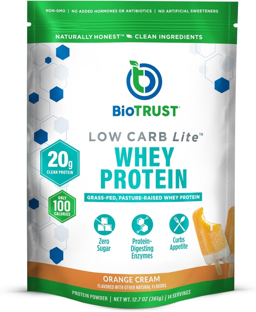 BioTrust Low Carb Lite, 20 Grams of Grass-Fed Whey Protein Isolate, 100 calorías, ProHydrolase Enzimas Digestivos, Non-GMO, libre de soia e Gluten, rBGH-Free (14 porcións) (Orange Cream)