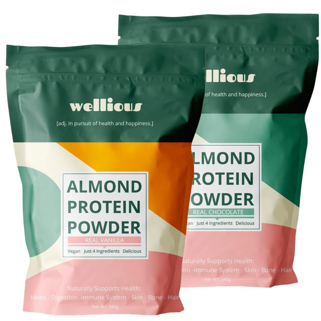 wellious Almond Protein Powder Bundle (1 Vanilla & 1 Chocolate) - 18 Grams of Pure Healthiest Vegan Protein - Perfect Gluten-Free, Soy-Free, Gut Friendly Protein Powder for Sports Nutrition