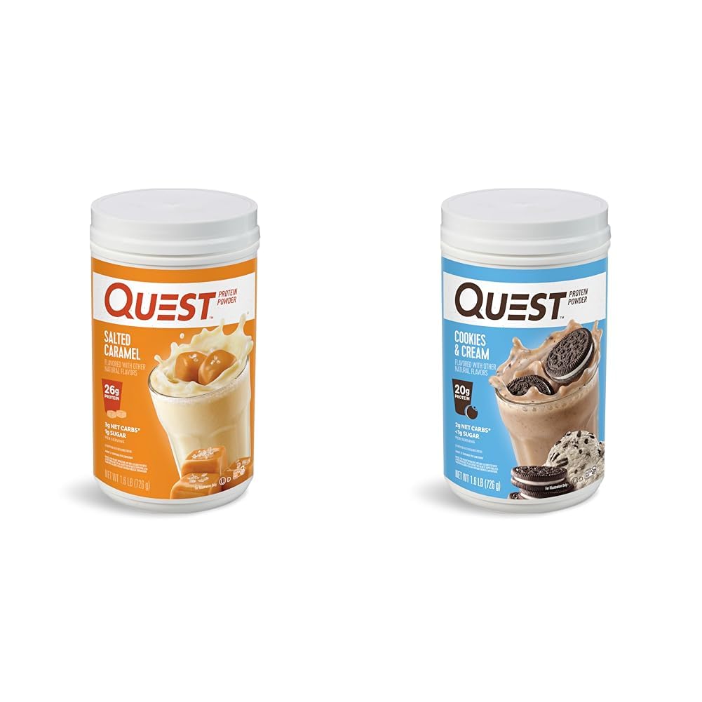 Quest Nutrition Salted Caramel Protein Powder; 26g Protein; 1g Sugar; Low Carb; Gluten Free; 1.6 Pounds; 24 Servings & Cookies & Cream Protein Powder; 20g Protein; 1g Sugar; Low Carb; Gluten Free
