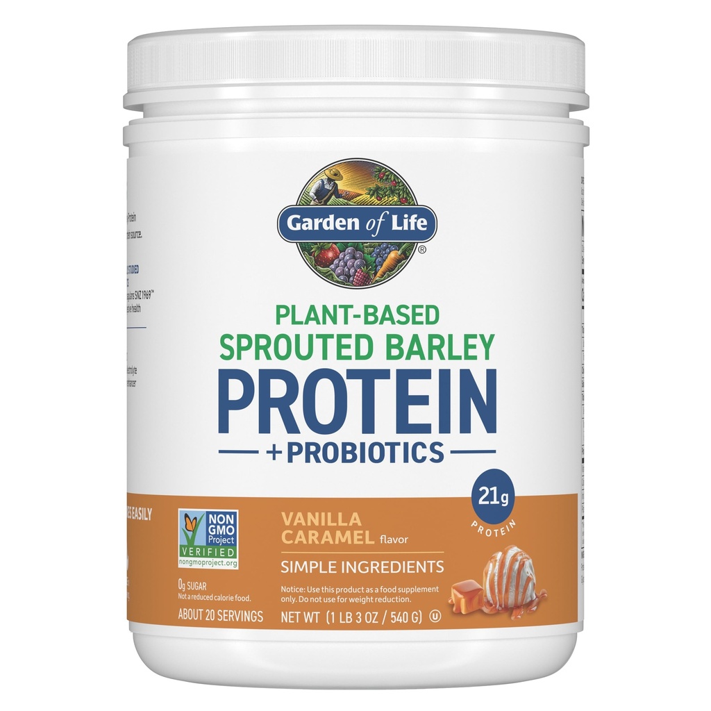 Garden of Life Plant-Based Sprouted Barley Protein, Vanilla Caramel with 21g Protein, 0g Sugar & Clean Ingredients, Upcycled Barley, Probiotics, Non-GMO, use in Shakes, Smoothies & Baking, 20 Servings