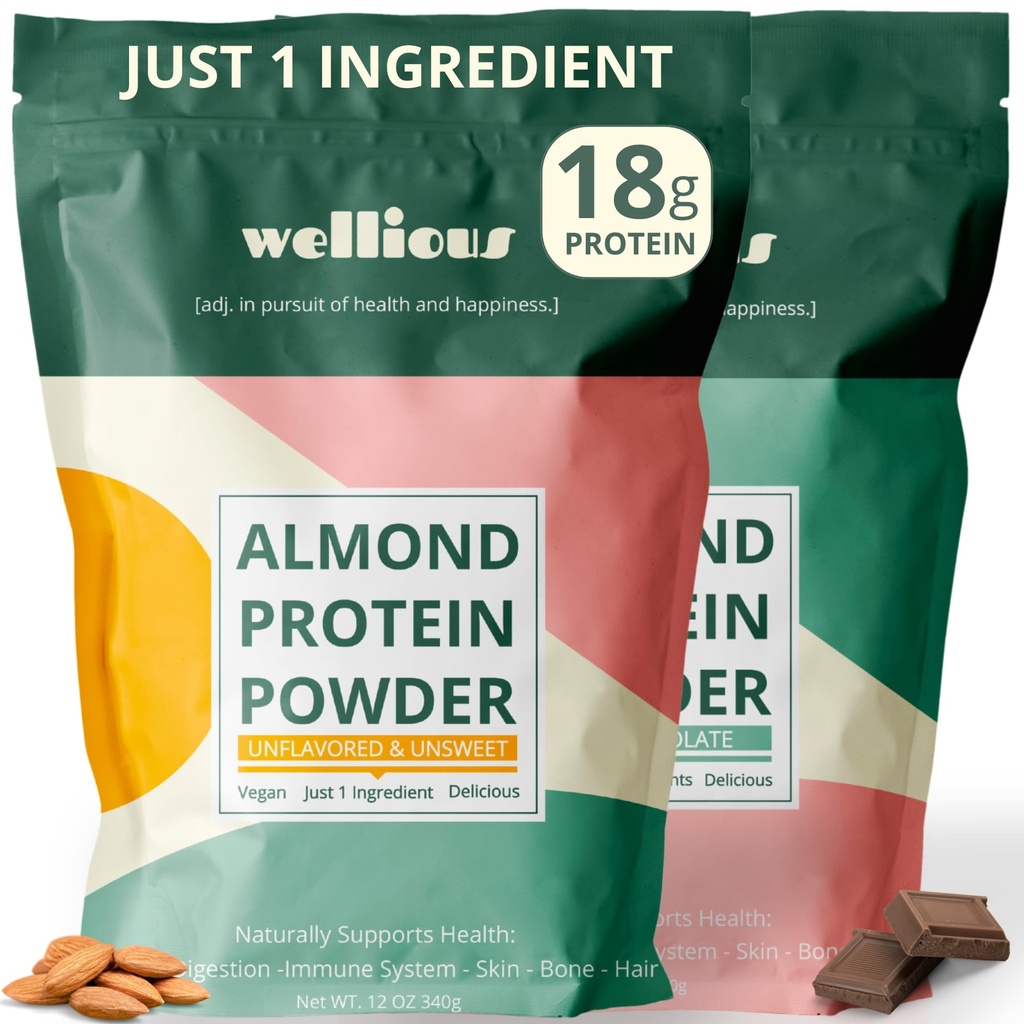 wellious Almond Protein Powder Bundle (1 Chocolate & 1 Unflavored) - 18 Grams of Pure Healthiest Vegan Protein - Gluten-Free, Soy-Free, Gut Friendly Protein Powder for Sports Nutrition