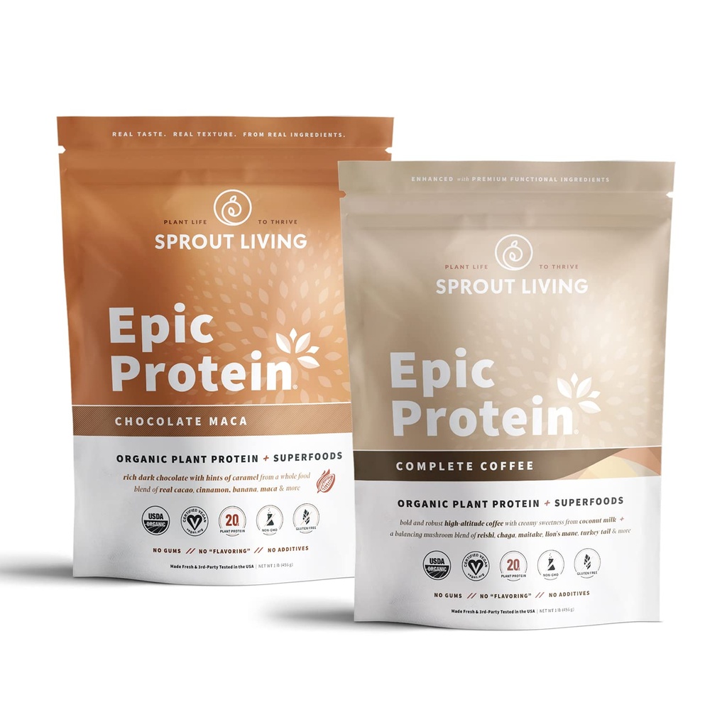 Sprout Living Epic Protein Bundle - Chocolate Maca & Complete Coffee (20g Organic Plant-Based Protein Powder, Vegan, Gluten Free, Superfoods) | 1lb, 12 Servings