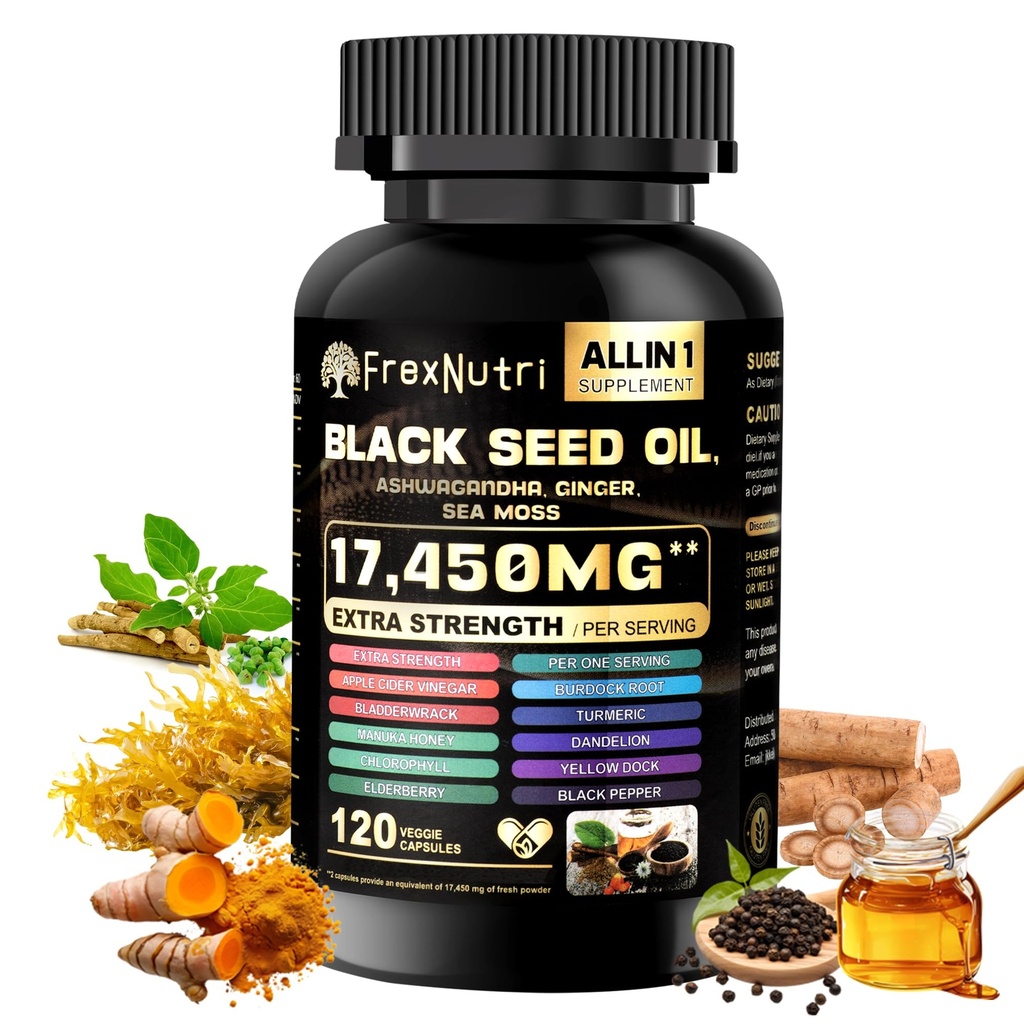 Sea Moss & Black Seed Oil Capsules – Organic Sea Moss with Ashwagandha, Ginger, Burdock Root & Bladderwrack – 120 Capsules for Natural Vitality & Wellness Support