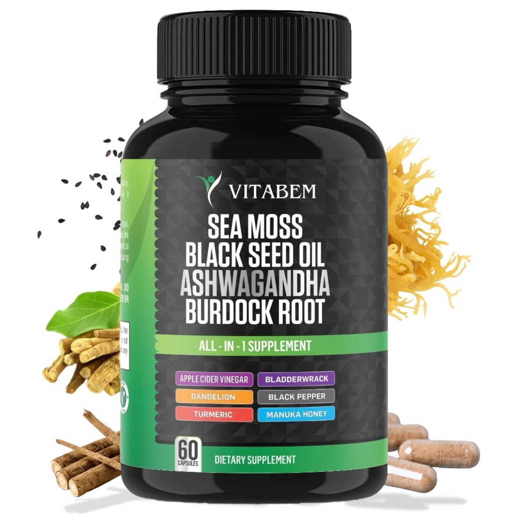Sea Moss Black Seed Oil Ashwagandha Turmeric Bladderwrack Burdock Root | Advanced Sea Moss Capsules All in One Supplement with Seamoss Black Seed Oil Burdock Root Capsules - 60 Count