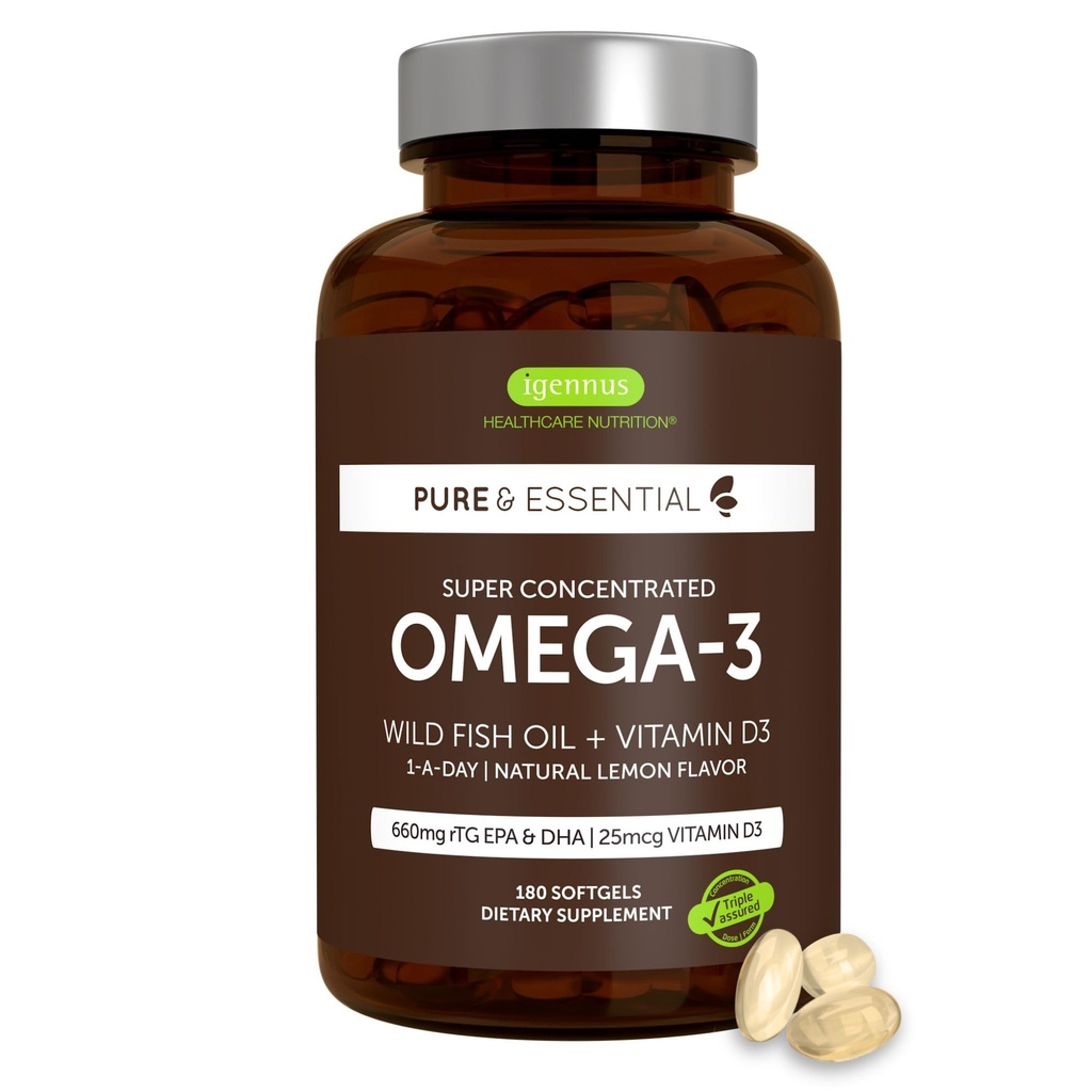 Igennus Advanced rTG Omega-3 IFOS Certified Wild Fish Oil & Vitamin D3, 1-a-Day, Fatty Acids EPA & DHA, Fast-Acting Triglyceride Form, Ultra Pure & Non-GMO, 180 Softgels