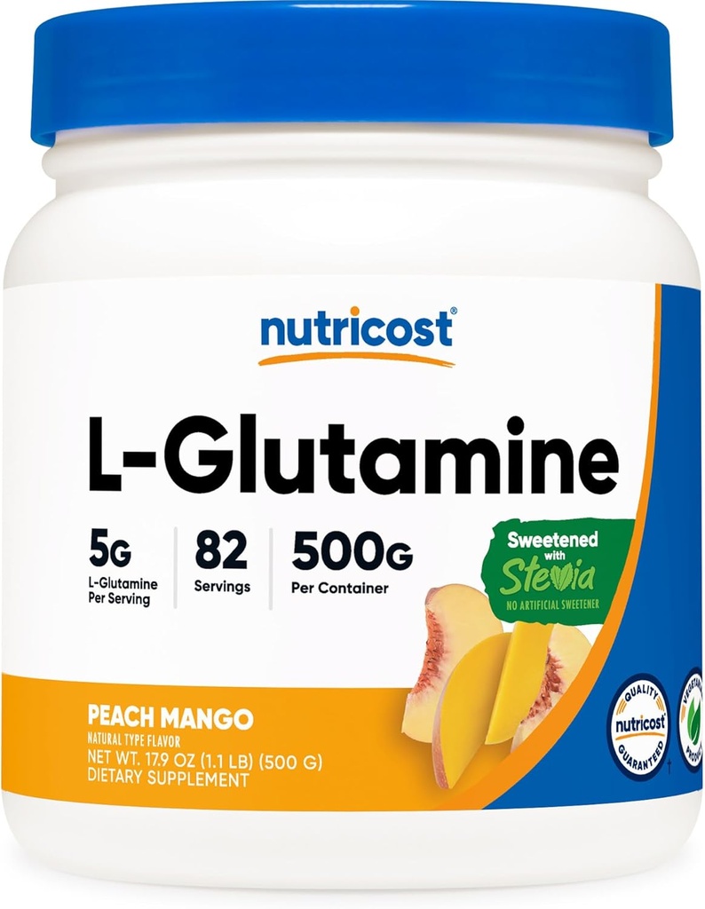 Nutricost L-Glutamina em pó adoçado com Stevia (500 gramas, Mango de pêssego) - Suplemento para suporte de gut, 5 gramas de L-Glutamina por serviço - sem glúten, não-GMO