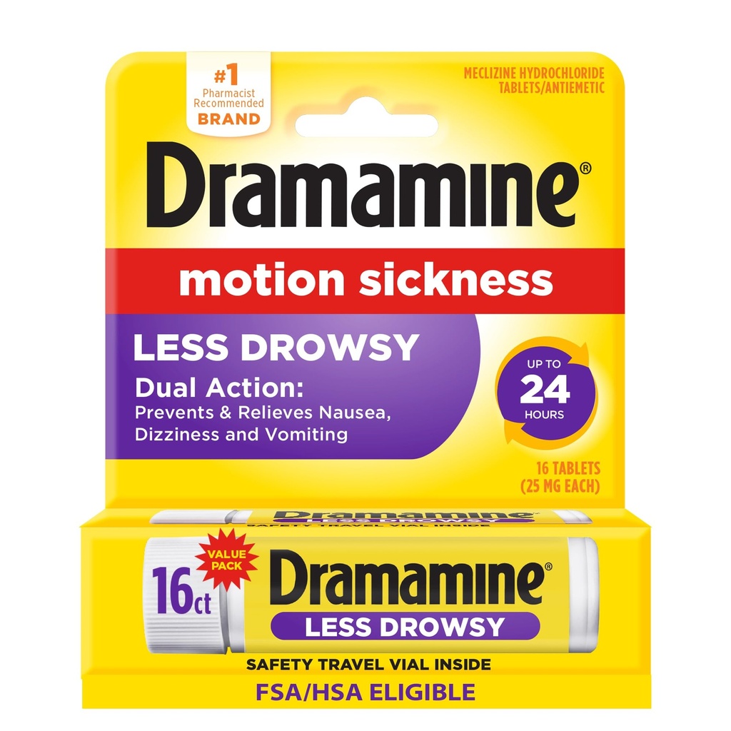Dramamine Motion Sickness Less Drowsy, for Nausea Relief During Travel, 16 Count