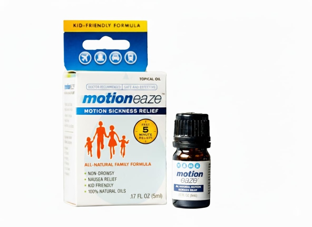 MotionEaze Non-Drowsy Motion Sickness Relief - All Natural Drug Free Formula - Made in The USA - 5ml Bottle - Fast Relief for Motion Sickness from Cruises, Cars, Planes