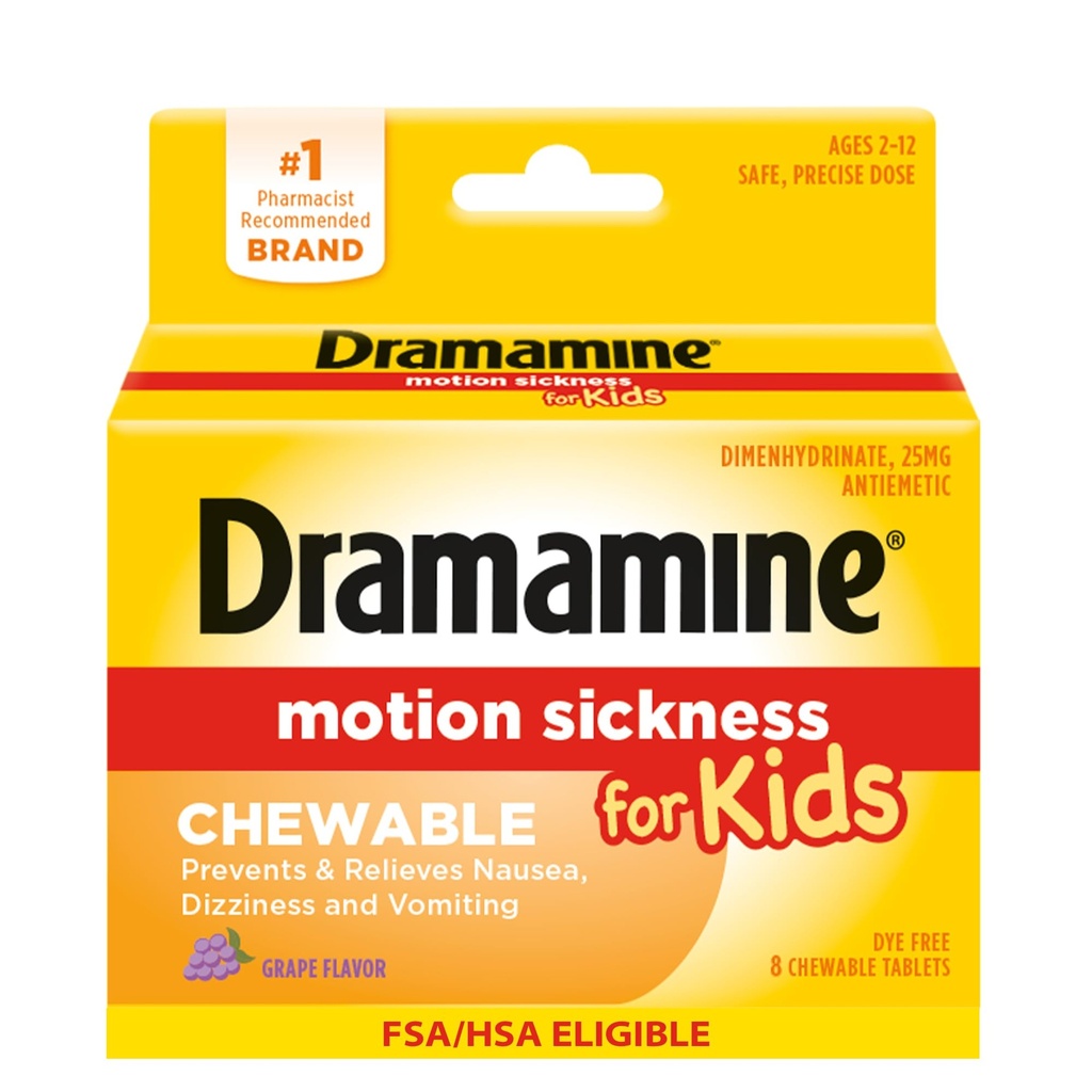 Dramamine Motion Sickness Chewable for Kids, Prevent & Relieve Motion Sickness, Dizziness & Nausea, Grape-Flavored Tablets, 8 Count