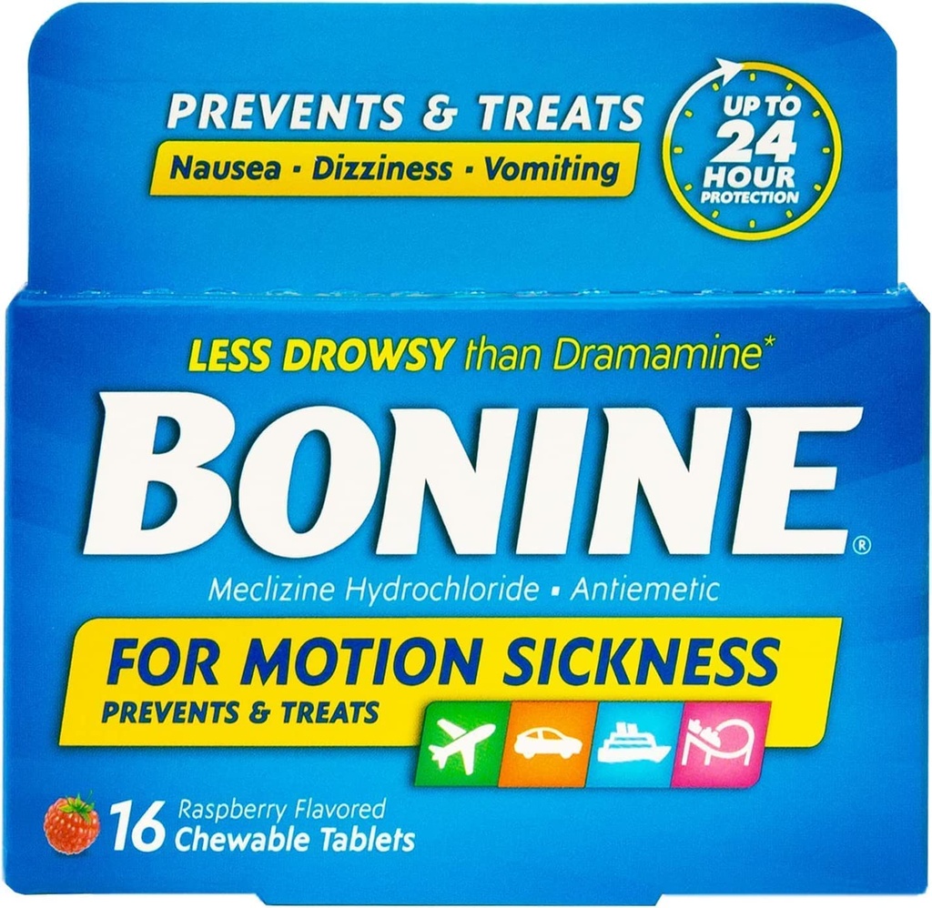 Bonine for Motion Sickness Chewable Tablets, Raspberry Flavored, 16 Tablets (3 Pack)