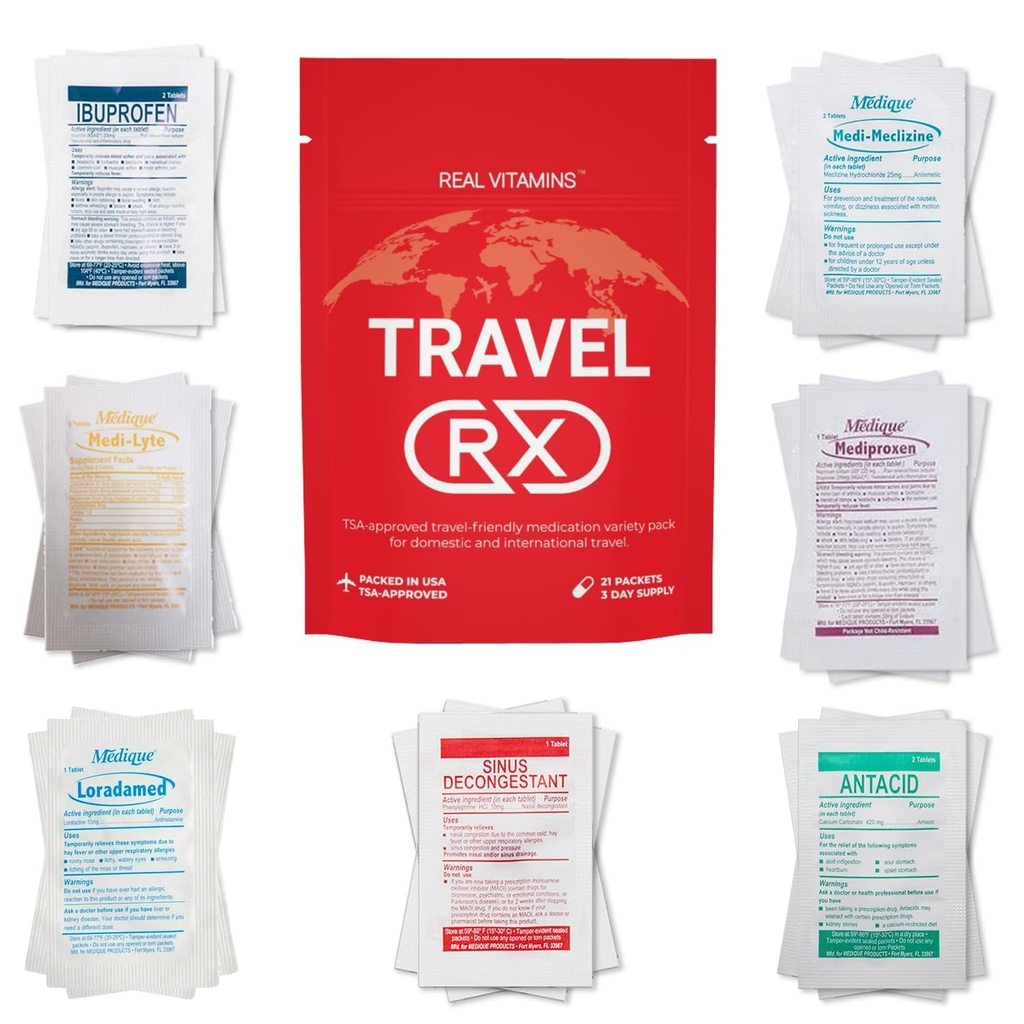 Travel RX Medicine Kit - Bulk Travel Medicine Kit with Individually Wrapped Medicine & Bag for Indigestion, Motion Sickness & More by Real Vitamins (1 Kit)