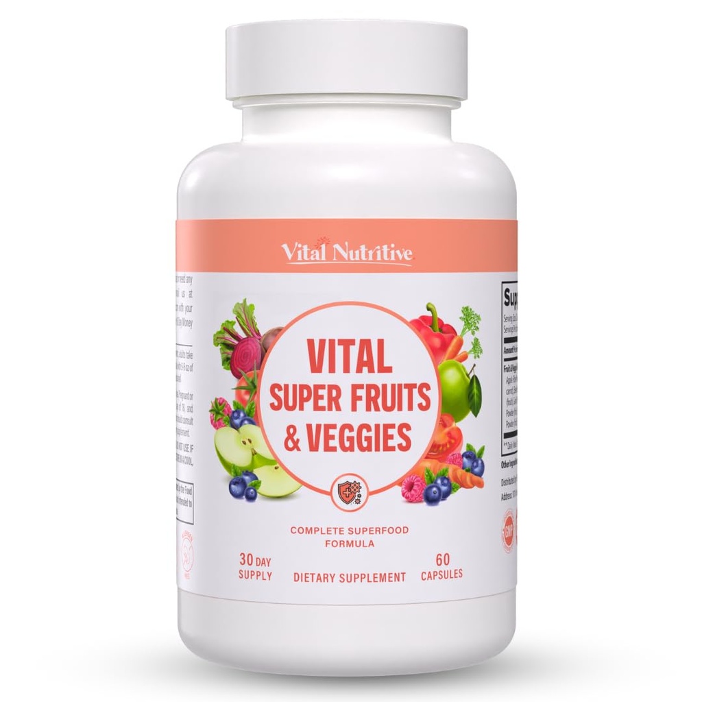 Vital Super Fruits & Veggies - Daily Superfood Capsules for Adults - Fruit and Veggies Supplement to Boost Immunity & Energy - 2-in-1 Formula for Overall Wellness - Fruit and Vegetable Capsules