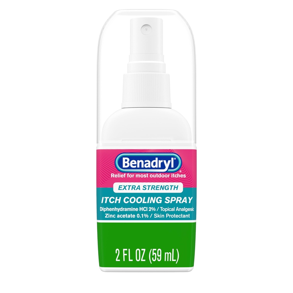 Benadryl Extra Strength Itch Cooling Spray, Topical Analgesic Spray with Diphenhydramine HCI & Zinc Acetate Skin Protectant for Fast Relief from Insect Bites, Travel Size, 2 fl. oz