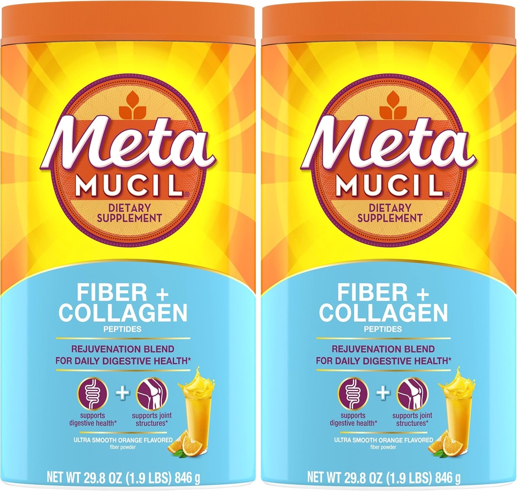 Metamucil Daily Fiber + Collagen,Psyllium Husk Powder,Plant Based Fiber Supplement,Sugar-Free with Stevia,3-in-1-Fiber Supplement for Digestive Health,Orange Flavored,90 Doses,(Pack of 2)