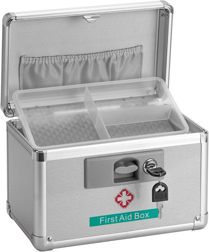Metal Medicine Storage Box med nyckel, 10 x 6 x 6.7 "Första hjälpen Box Lock för medicinering, lukt Bevis Box Empty Organizer för hem, Dorm, Office