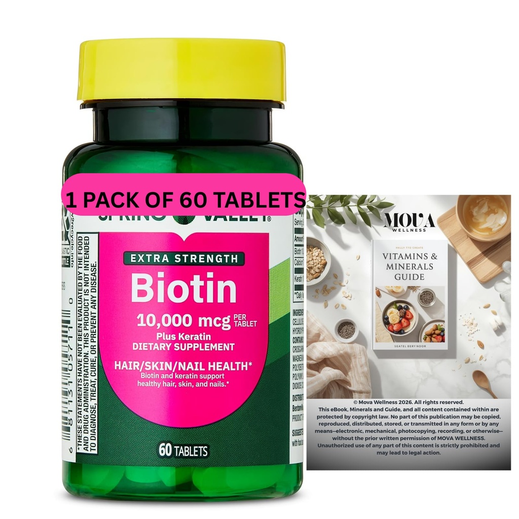 Biotin + Keratin Tablets, 10,000 mcg – 60 Count | Daily Nutrient Support + Complimentary Vitamins & Minerals Guide