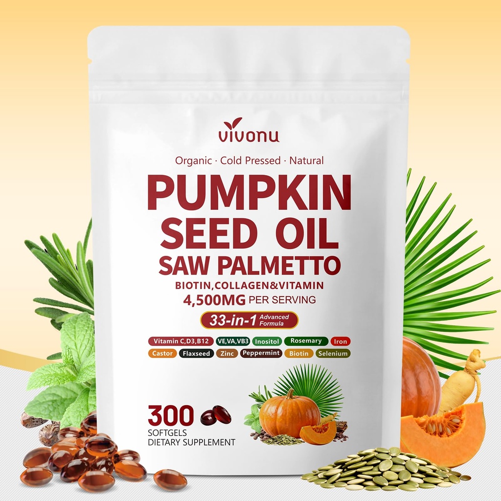 VivoNu Pumpkin Seed Oil with Saw Palmetto Capsules | 4500mg | 300 Count| 33 in 1 Vitamin C D3 B12 E A, Castor, Zinc, Biotin, Iron, Peppermint | Hair Growth & DHT Blocker for Women Men