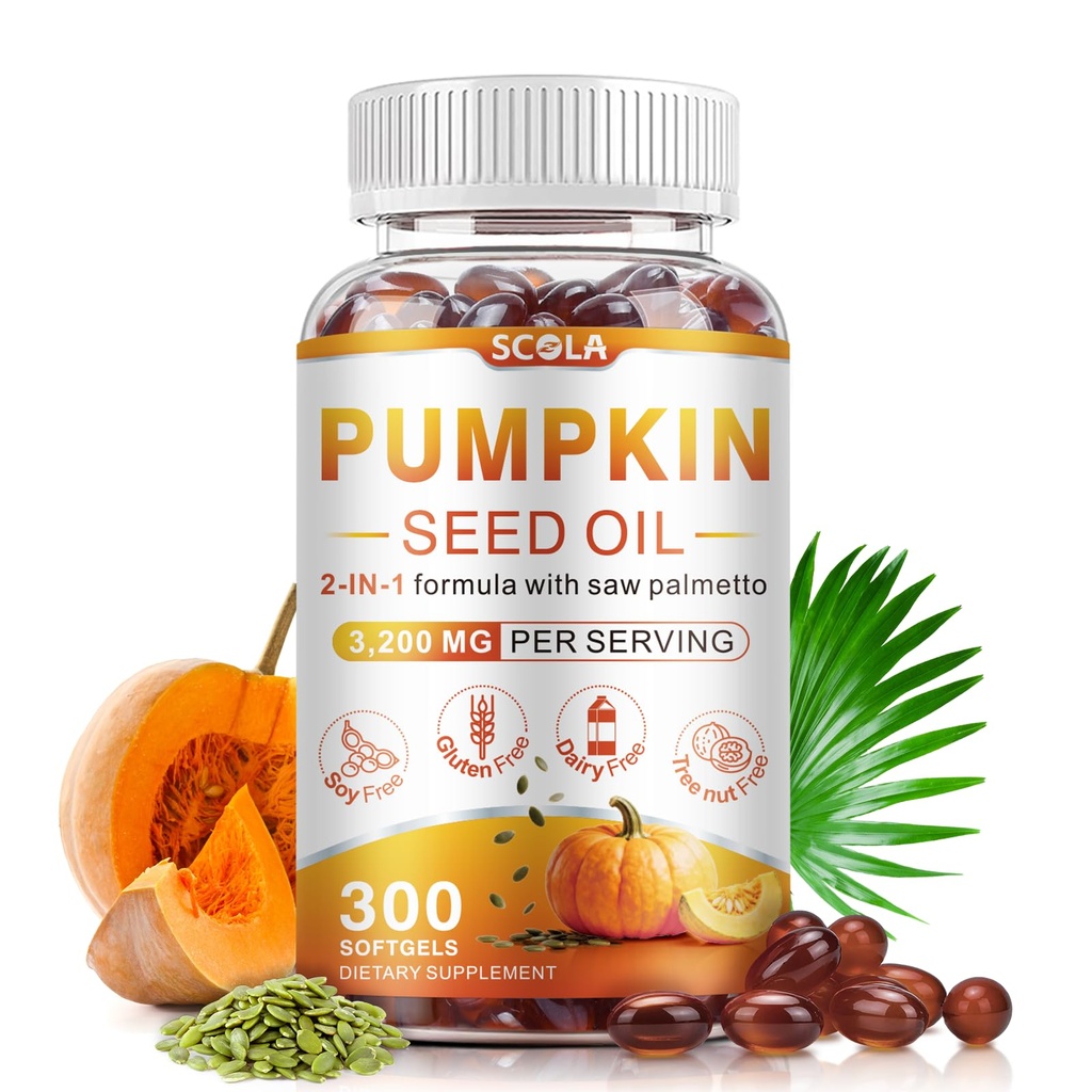 SCOLA Pumpkin Seed Oil with Saw Palmetto,3200mg/Serving,Cold-Pressed with Essential Fatty Acids & Phytosterols,Supports Hair, Immune,Bladder & Prostate Health,Non-GMO (300 Softgels)