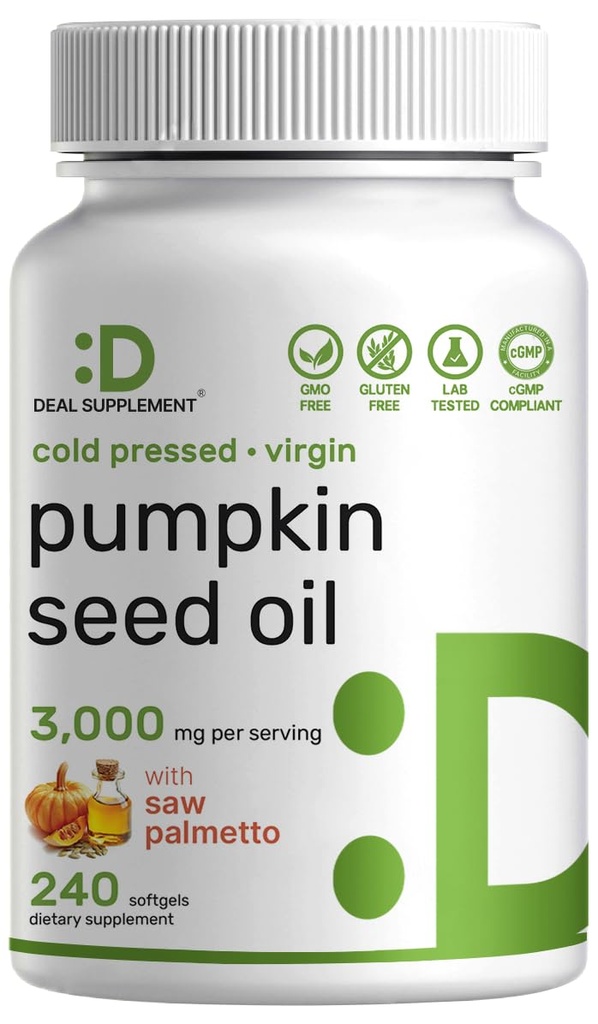 Pumpkin Seed Oil 3,000mg with Saw Palmetto, 240 Softgels – Cold Pressed Extract with Virgin Oil – Supports Prostate Health & Normal Urinary Frequency – DHT Blocker for Hair Growth – Non-GMO