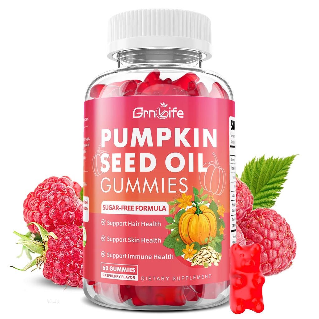 Pumpkin Seed Oil Gummies with Saw Palmetto, Organic Pumpkin Seed Oil Supplement for Hair Growth & Skin Health, High Pure Extract for Women Men, Raspberry Flavor, 60 Count