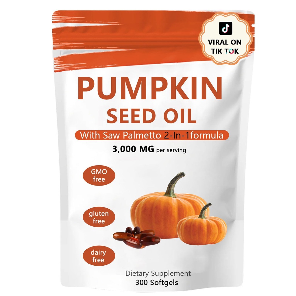 Pumpkin Seed Oil Capsules, 2 in 1 Pumpkin Seed Oil with Saw Palmetto for Hair Growth, 3000mg Per Serving, Cold Pressed, Supports Hair Heart Skin Supplement, Non-GMO, Gluten Free, 300 Softgels