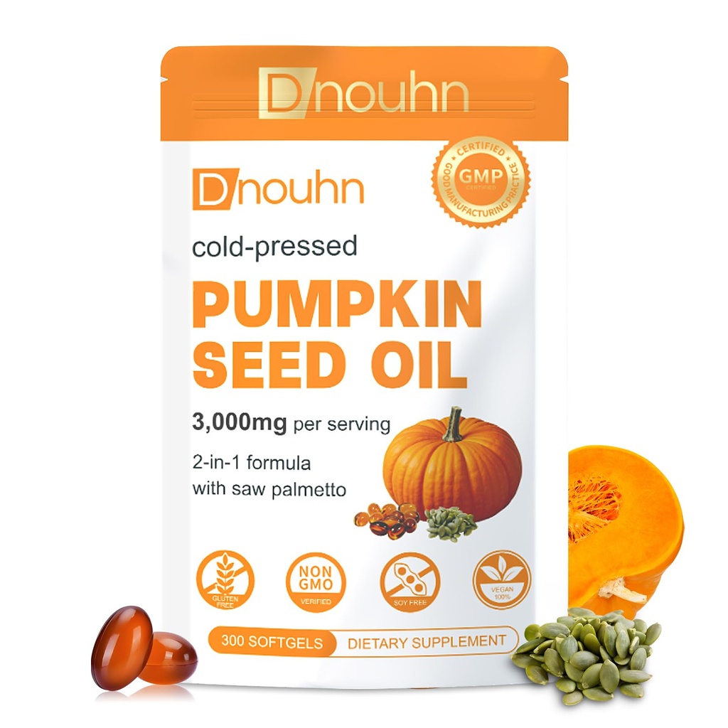Pumpkin Seed Oil with Saw Palmetto Capsules, Essential Fatty Acids & Phytosterols, Pumpkin Seed Oil for Hair Growth, Urinary, Bladder & Prostate Health, Cold Pressed Pure Virgin, 300 Softgels