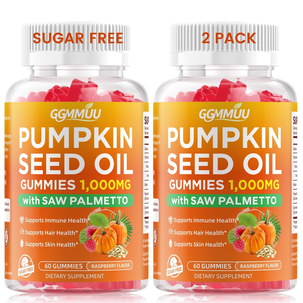 2 Pack Pumpkin Seed Oil Gummies with Saw Palmetto, 1000mg Per Serving Pumpkin Seed Oil Supplement for Hair Growth, Skin Health, High Pure Extract for Women & Men, Raspberry Flavor, 120 Count