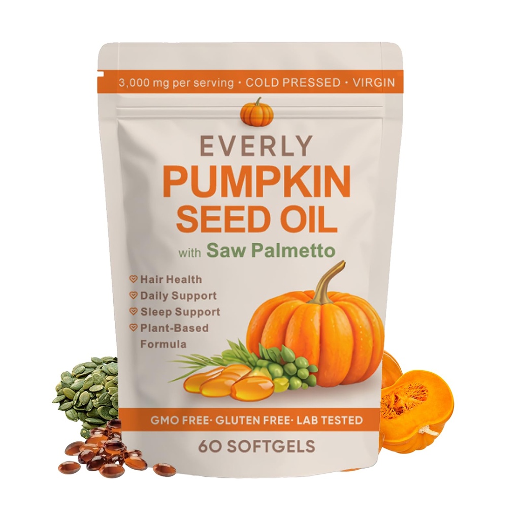 Everly Pumpkin Seed Oil with Saw Palmetto, Cold Pressed, Pure Virgin Oil, Rich in Essential Fatty Acids, Cold Pressed Pumpkin Seed Oil Capsules, Non-GMO, 60 SOFTGELS (1PCS)