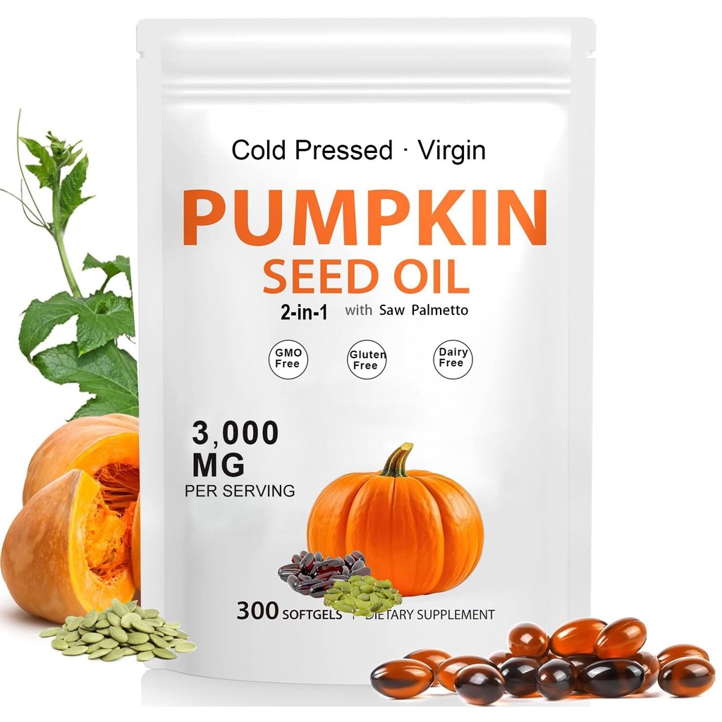 Pumpkin Seed Oil Capsules with Saw Palmetto, Cold Pressed, Essential Fatty Acids for Bladder & Prostate & Urinary Health, Promoting Hair Growth, Skin Elasticity, Non-GMO and Gluten Free, 300 Softgels