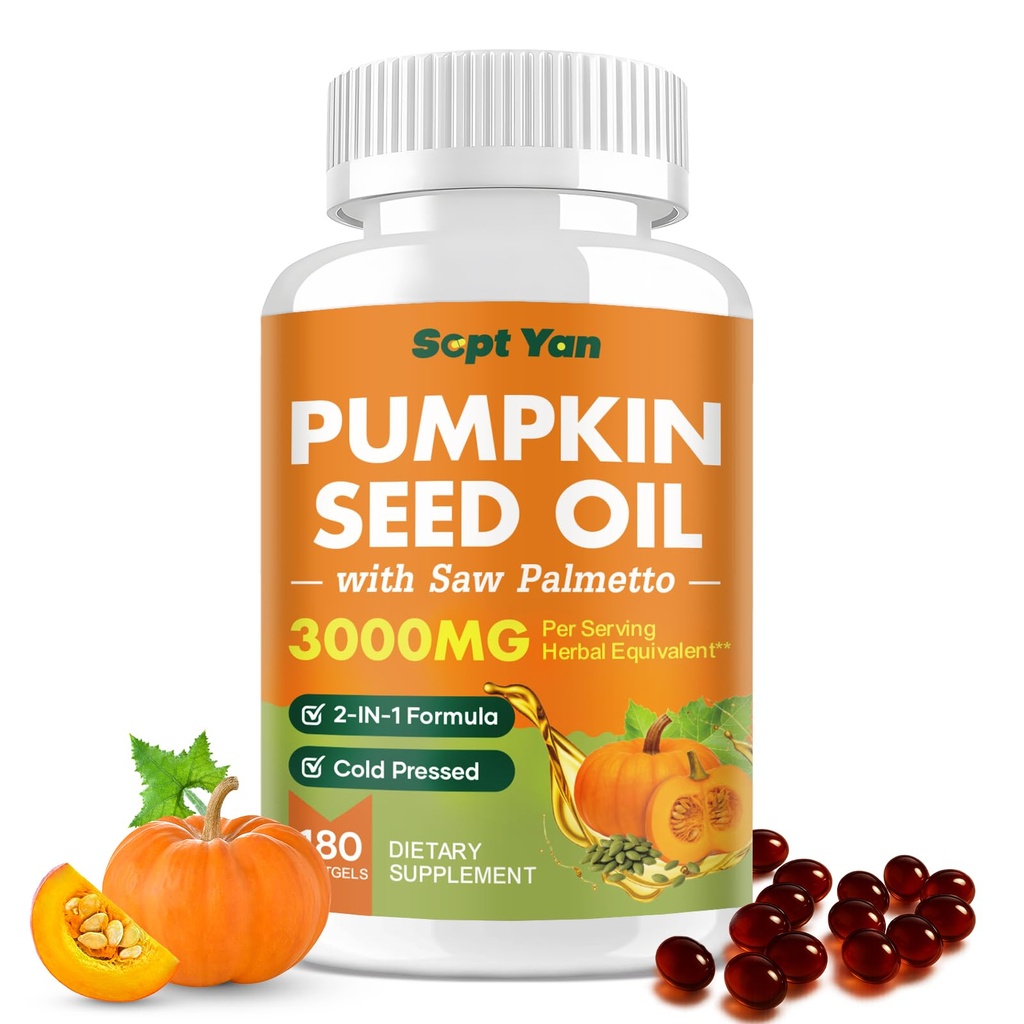 Pumpkin Seed Oil with Saw Palmetto Capsules, 3000mg Per Serving, Pumpkin Seeds Oil Supplement, Supports Immune, Hair, Urinary, Bladder & Prostate Health, Non-GMO, 180 Softgels