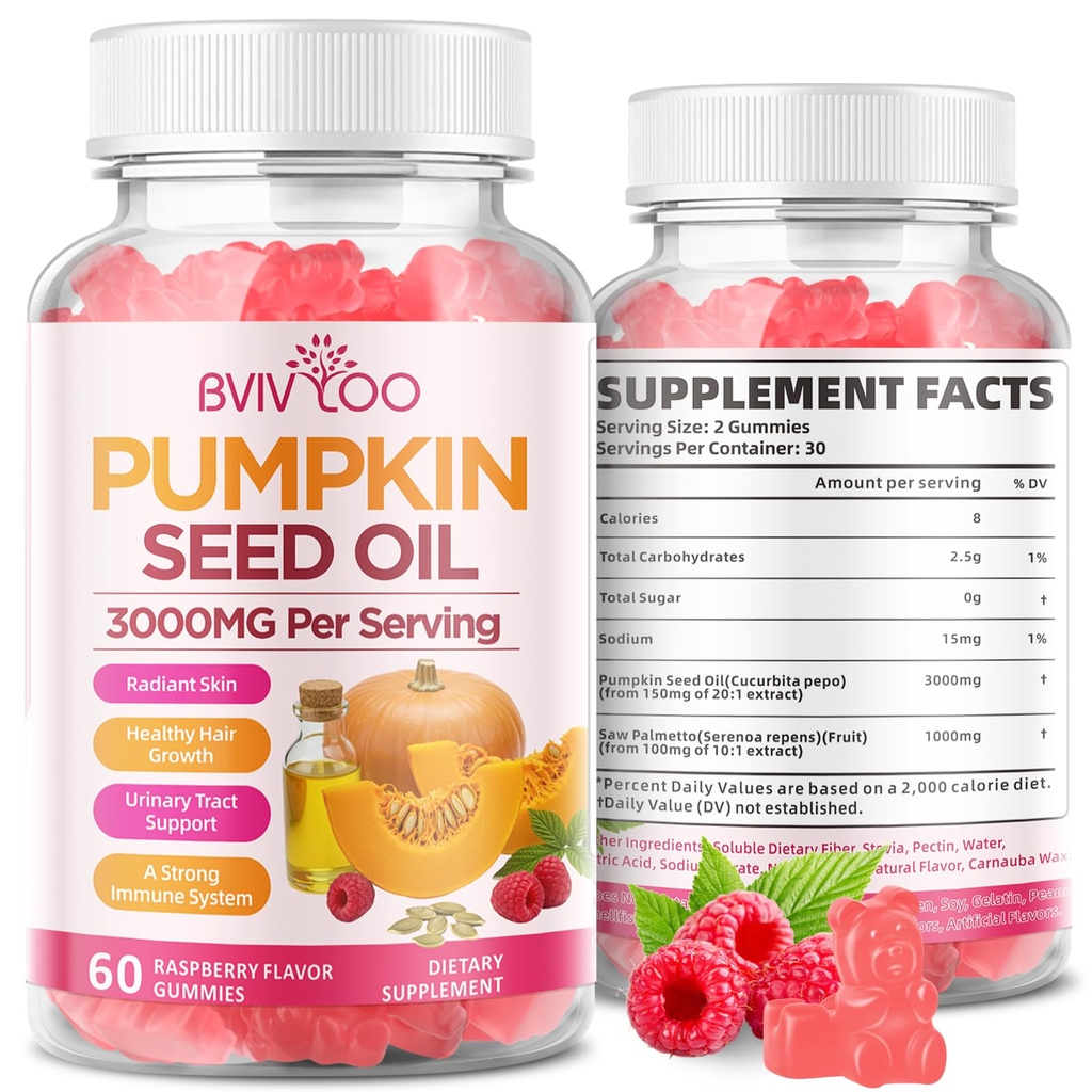 Pumpkin Seed Oil Gummies with Saw Palmetto, Organic Pumpkin Seed Oil Supplement, High-Purity Extract for Hair Growth, Skin Health, & Immune Support, Raspberry Flavor, 60 Count