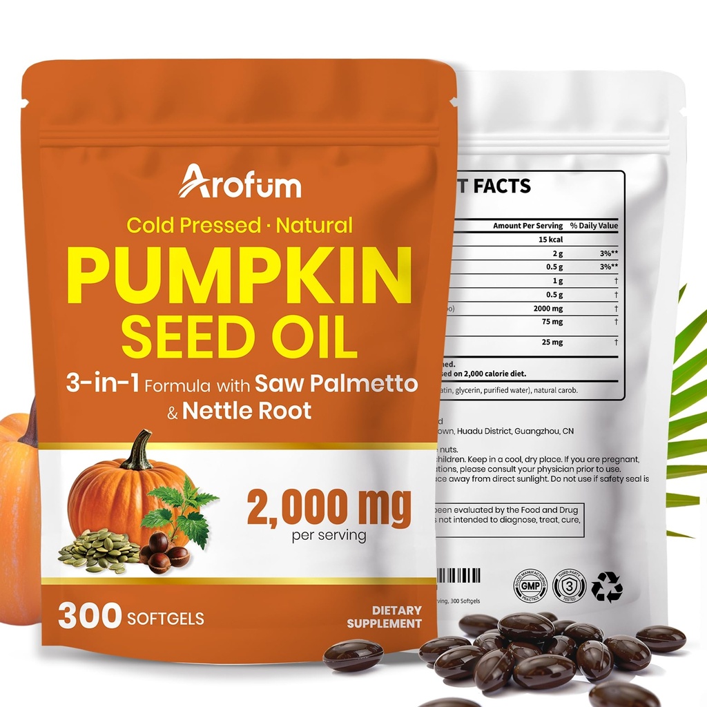 Pumpkin Seed Oil Capsules with Saw Palmetto and Nettle Root, 2000mg Per Serving, 300 Softgels, Vegan, Rich in Essential Fatty Acids (Omega-6 & Omega-9)