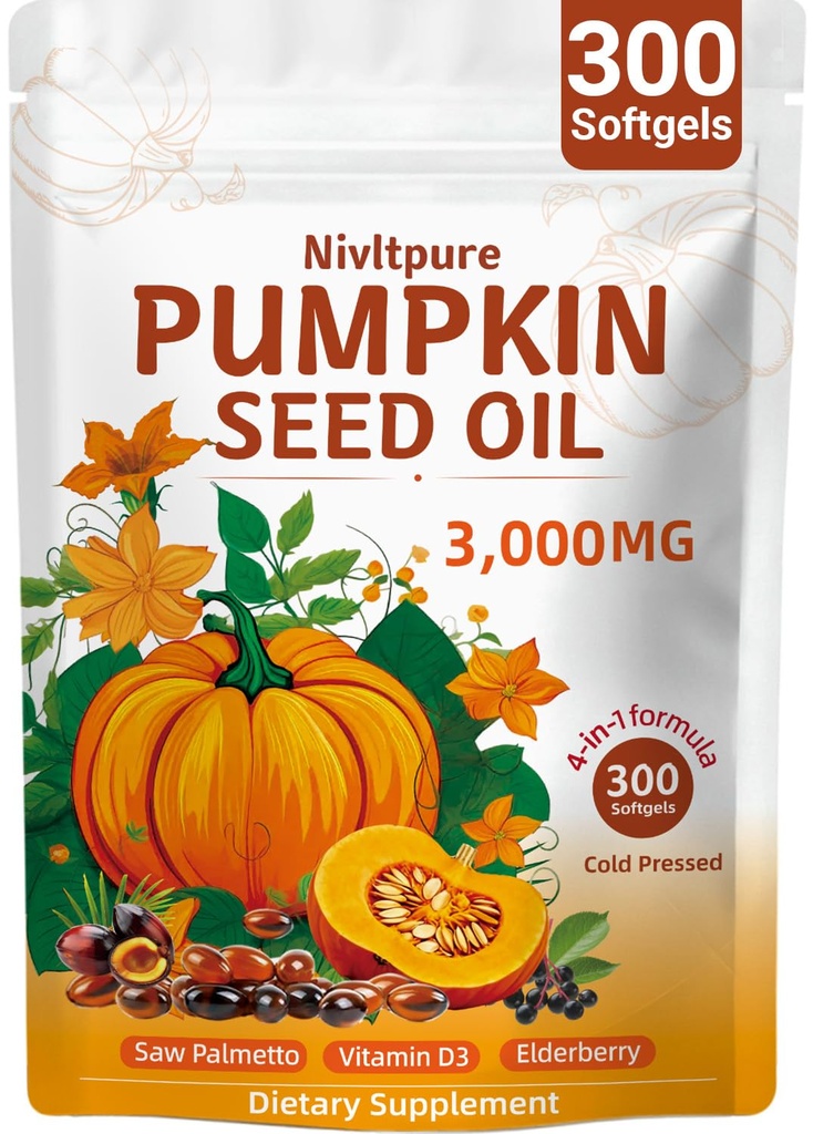 Pumpkin Seed Oil with Saw Palmetto, Vitamin D3 & Elderberry – 300 Softgels (3000mg) Pure Virgin Oil 4-in-1 Supplement for Hair Health, Prostate & Urinary Support – Non-GMO, Vegan