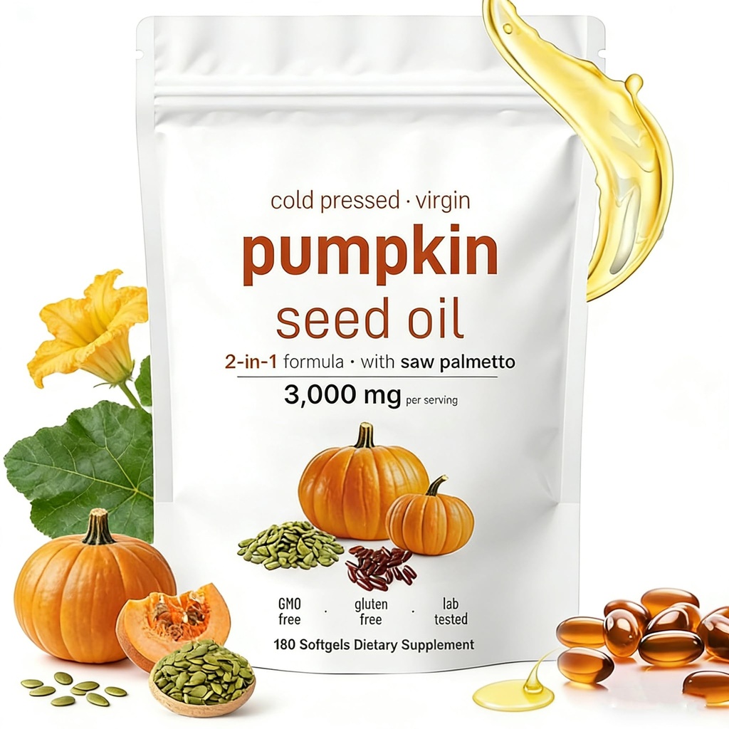 Pumpkin Seed Oil and Saw Palmetto Capsules 3000mg, Cold Pressed Blend for Hair Growth Prostate and Urinary Support, Non GMO Herbal Supplement,180 Softgels