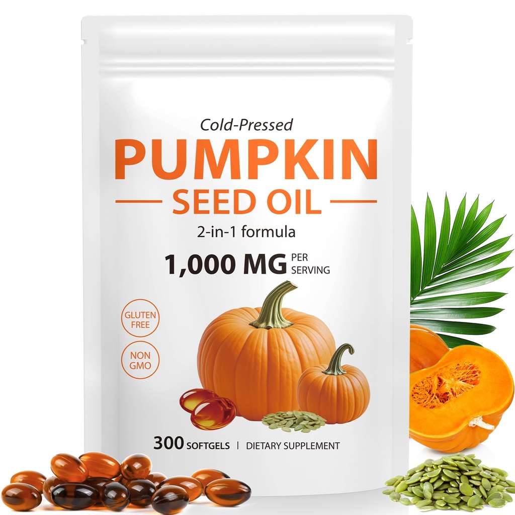 Pumpkin Seed Oil Capsules 300 Softgels – Cold Pressed Pumpkin Seed Oil Supplement with Essential Fatty Acids – Non-GMO, Gluten-Free – Supports Hair, Prostate & Urinary Wellness